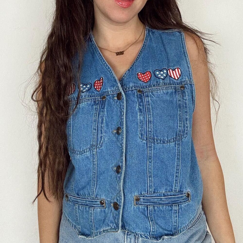 vintage solutions denim vest embroidered patriotic flag heart patches - Picture 1 of 6